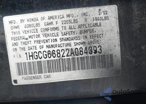 2002 Honda Accord 2.3 Ex/2.3 Se из США, поврежденный, VIN 1HGCG66822A084393